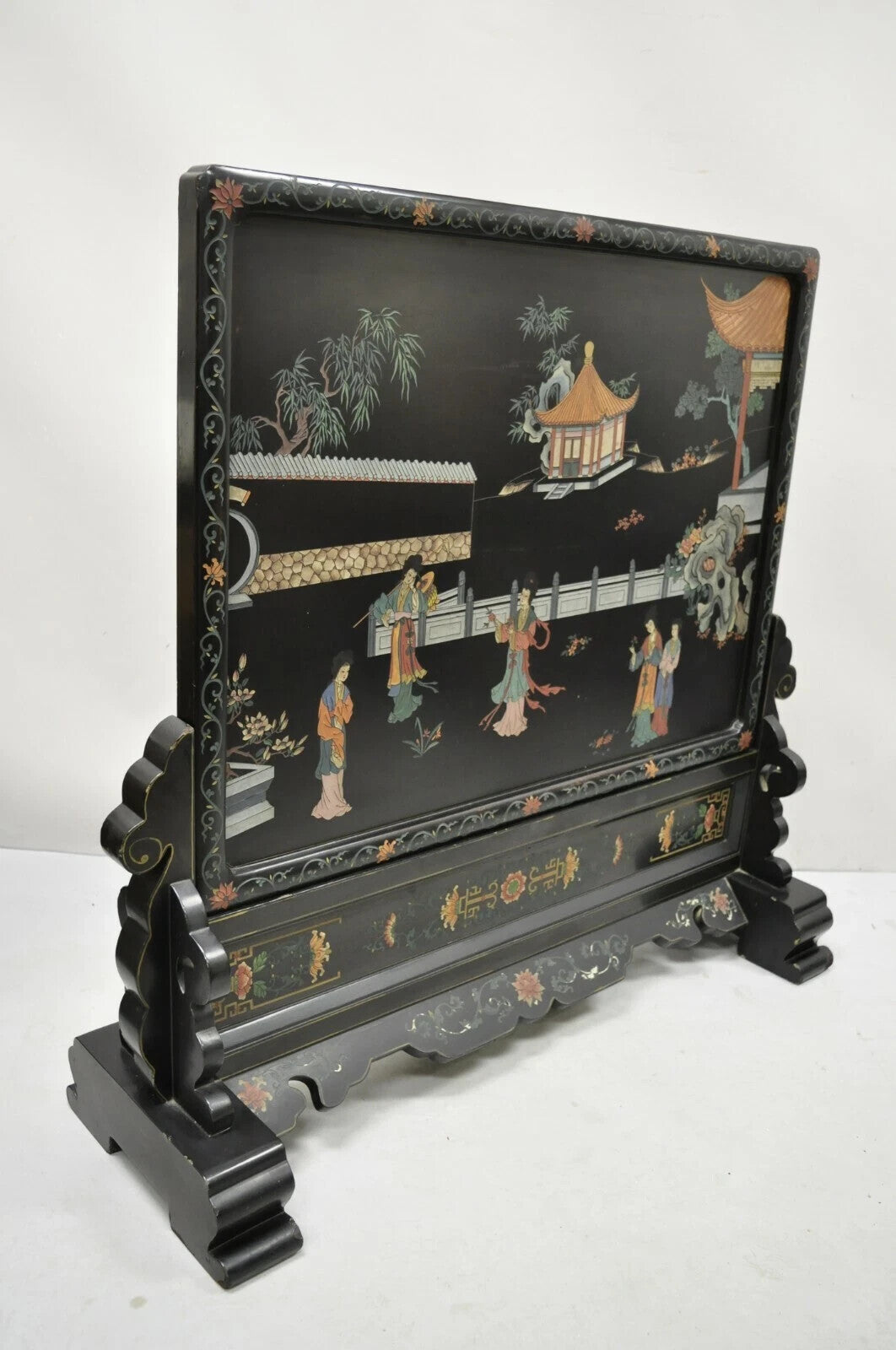 Vintage Chinese Black Lacquer Oriental Fireplace Screen Fire Screen Divider
