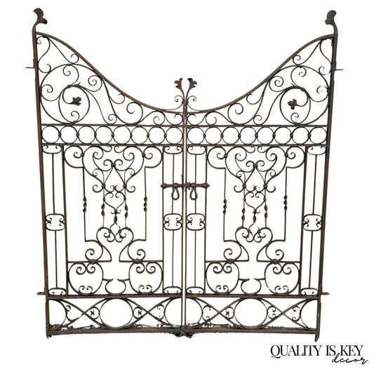 Antique Spanish Renaissance Scrolling Wrought Iron 57 x 47 Garden Entry Gate Set