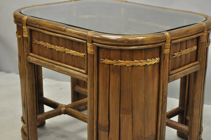 Vintage Hollywood Regency Bentwood Rattan Glass Top Beach House Side Table