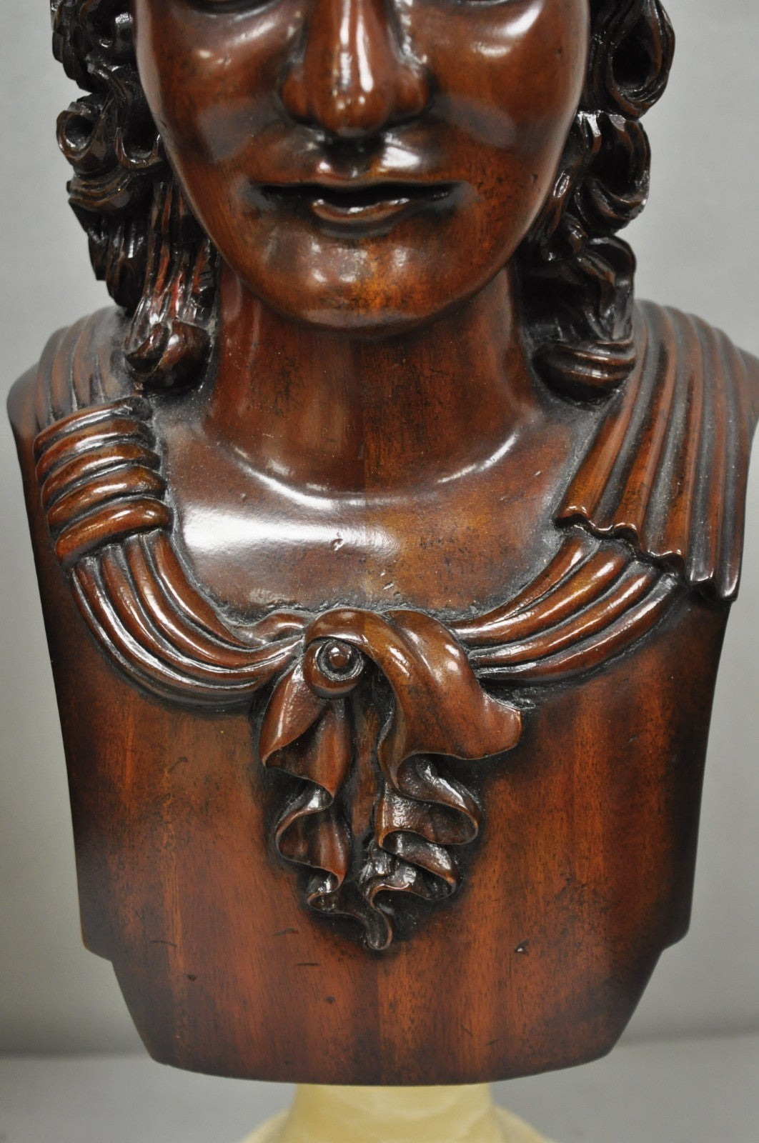 Classical Maitland Smith Style Carved Mahogany Wood Bust on Alabaster - a Pair