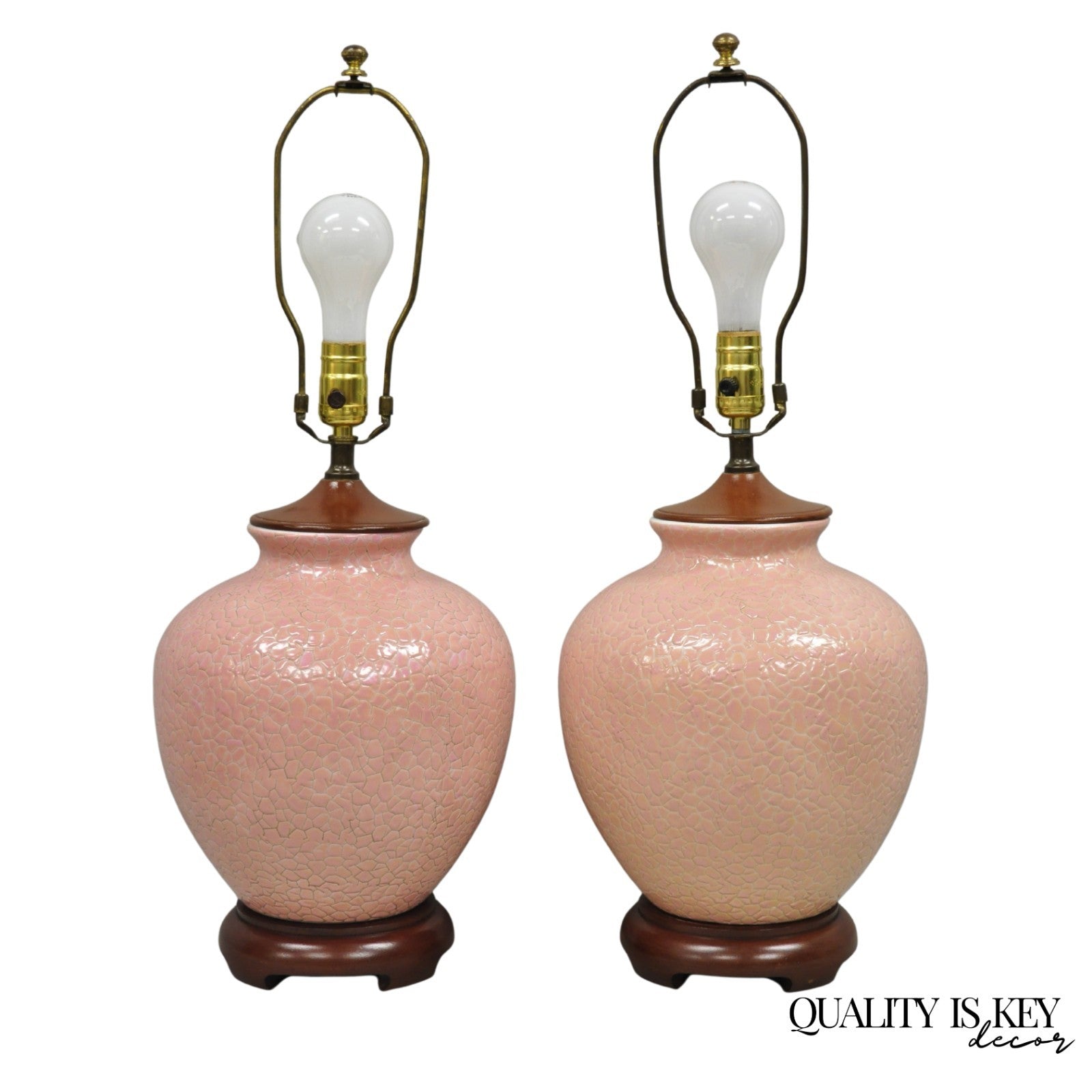 Vintage Chinoiserie Pink Porcelain Chinese Ginger Jar Table Lamps - a Pair