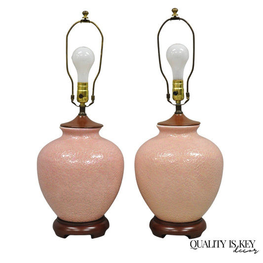 Vintage Chinoiserie Pink Porcelain Chinese Ginger Jar Table Lamps - a Pair