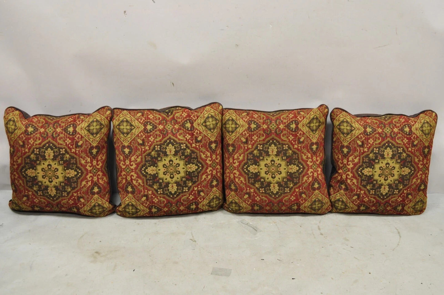 (4) Contemporary Mediterranean Red and Brown Tapestry Faux Leather Throw Pillows