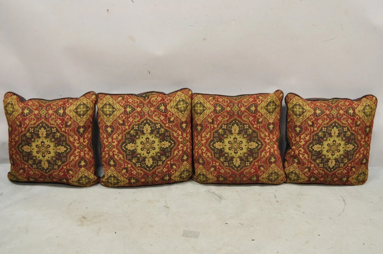 (4) Contemporary Mediterranean Red and Brown Tapestry Faux Leather Throw Pillows