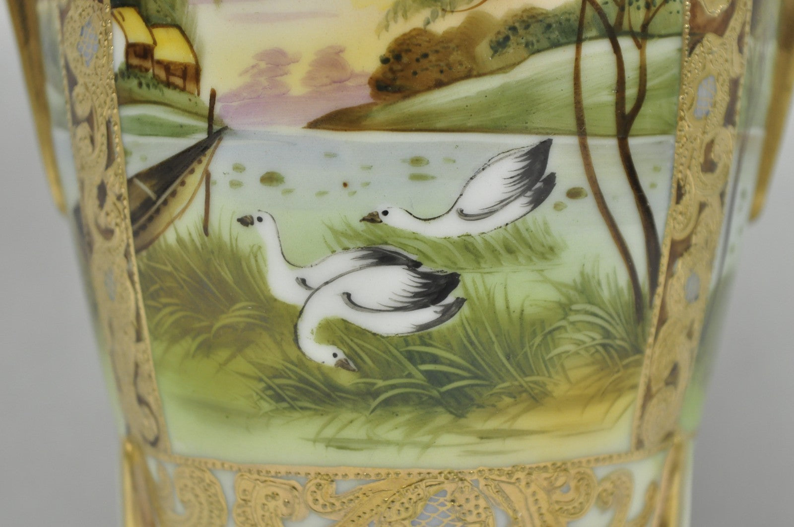 Antique Nippon Hand Painted Porcelain Twin Handled Vase w/ Swan & Lake Scene