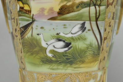 Antique Nippon Hand Painted Porcelain Twin Handled Vase w/ Swan & Lake Scene