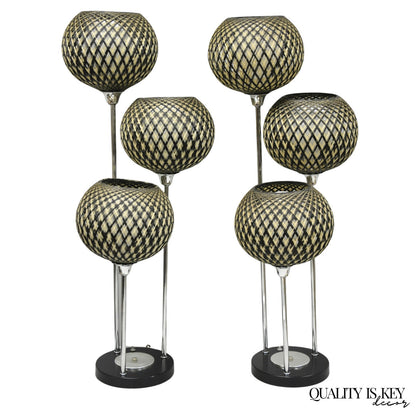 Vintage Mid Century Modern Woven Spun Fiberglass Triple Shade Table Lamp - Pair