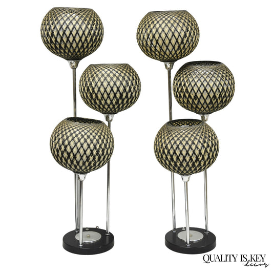 Vintage Mid Century Modern Woven Spun Fiberglass Triple Shade Table Lamp - Pair
