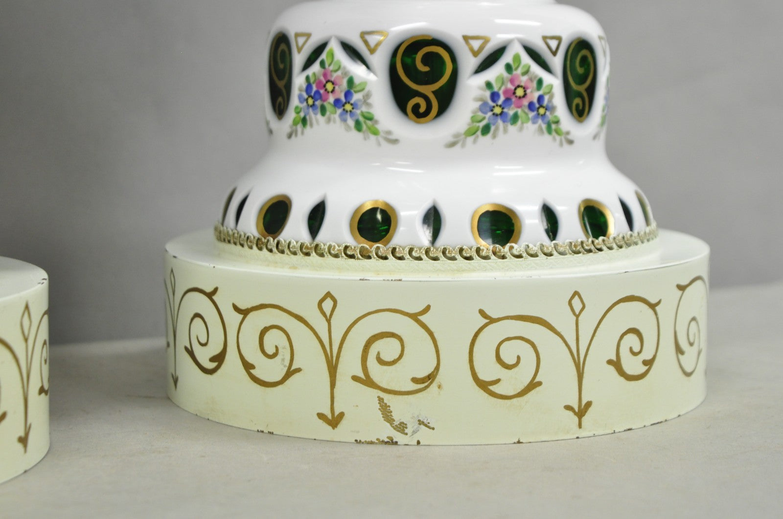 Antique Bohemian Czech Glass Green and White Flower Painted Table Lamps - a Pair