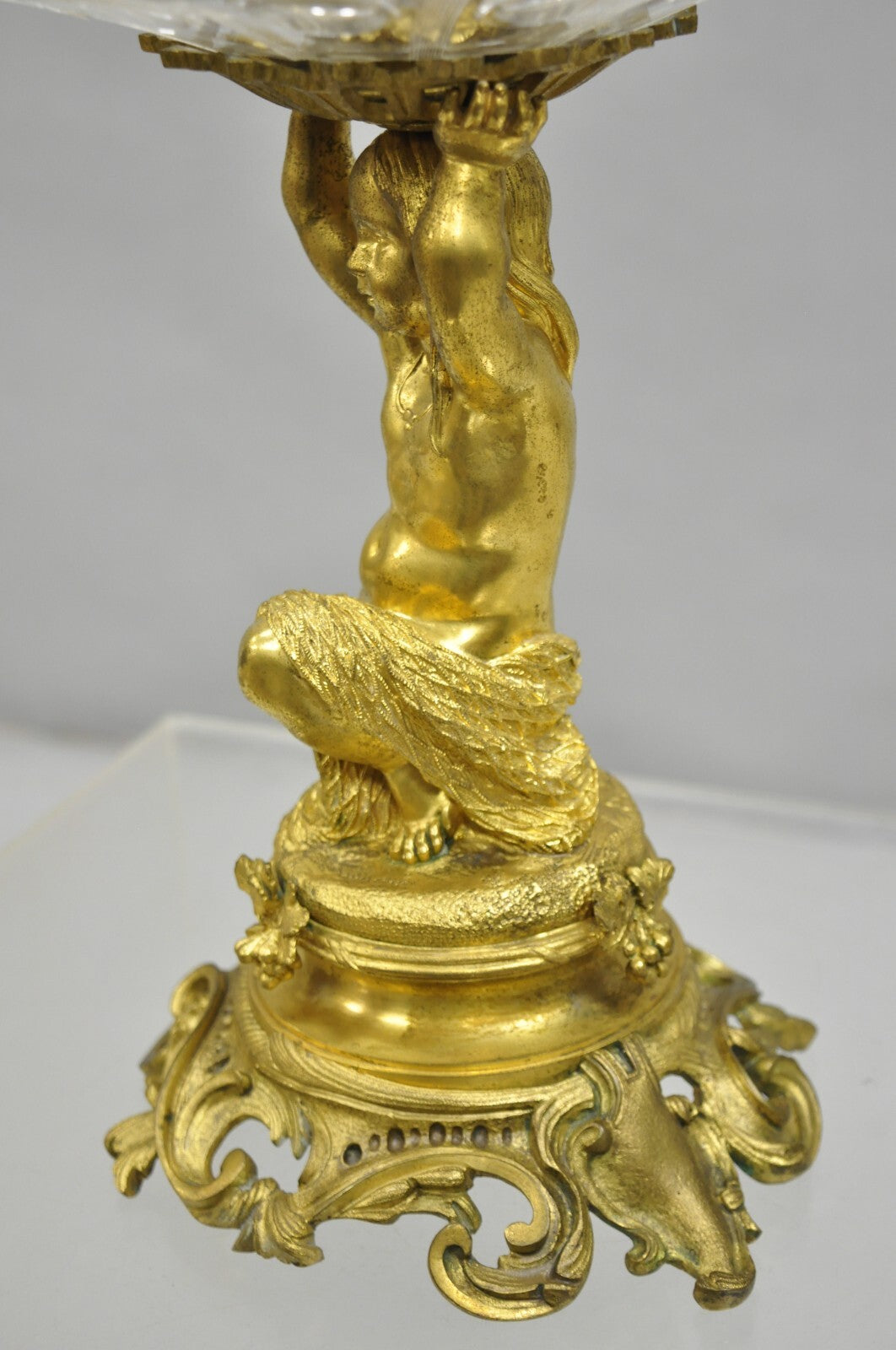 French Baroque Louis XV Gold Gilt Bronze Cherub & Glass 2 Tier Candy Dish Stand