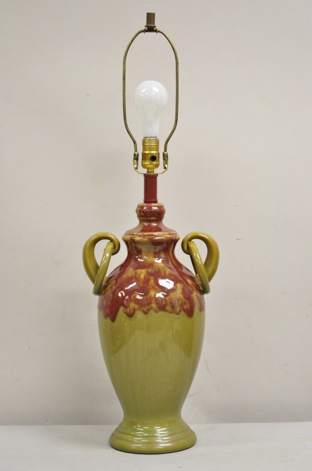 Contemporary Mission Arts & Crafts Style Pottery Ceramic Green & Red Table Lamp