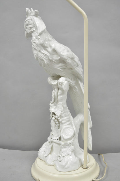 Antique Italian Blanc de Chine White Porcelain Perched Cockatoo Bird Table Lamp