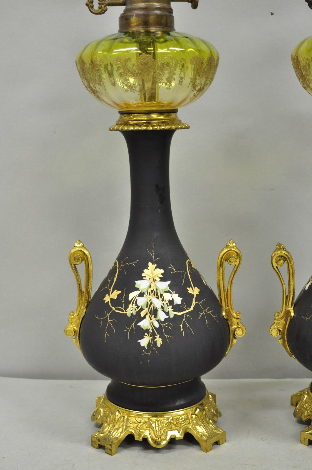 Antique Victorian French Black Porcelain Bronze Ormolu Oil Lamp Table Lamps Pair