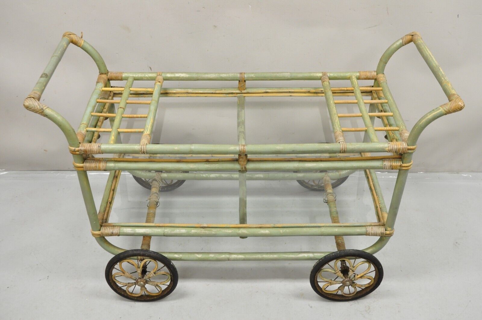 Vintage Boho Chic Bamboo Rattan Bentwood Green 2 Tier Rolling Bar Cart Server