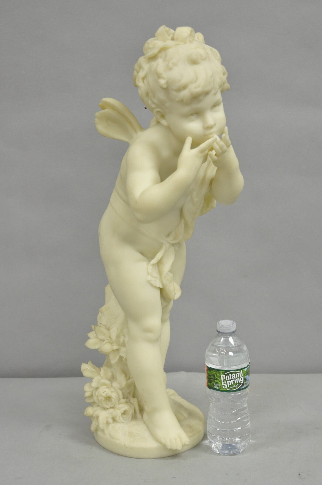 Vintage Neoclassical Faux Marble Cast Resin 25" Winged Cherub Putti Sculpture