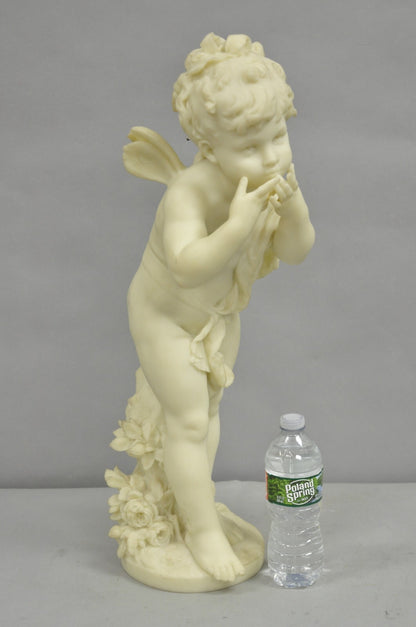 Vintage Neoclassical Faux Marble Cast Resin 25" Winged Cherub Putti Sculpture