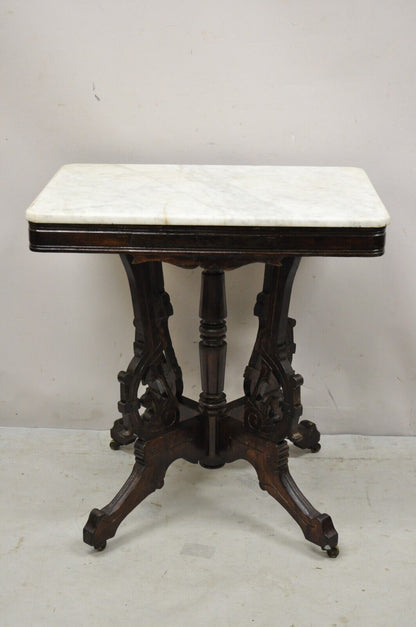 Antique Eastlake Victorian Marble Top Walnut Parlor Accent Side Table