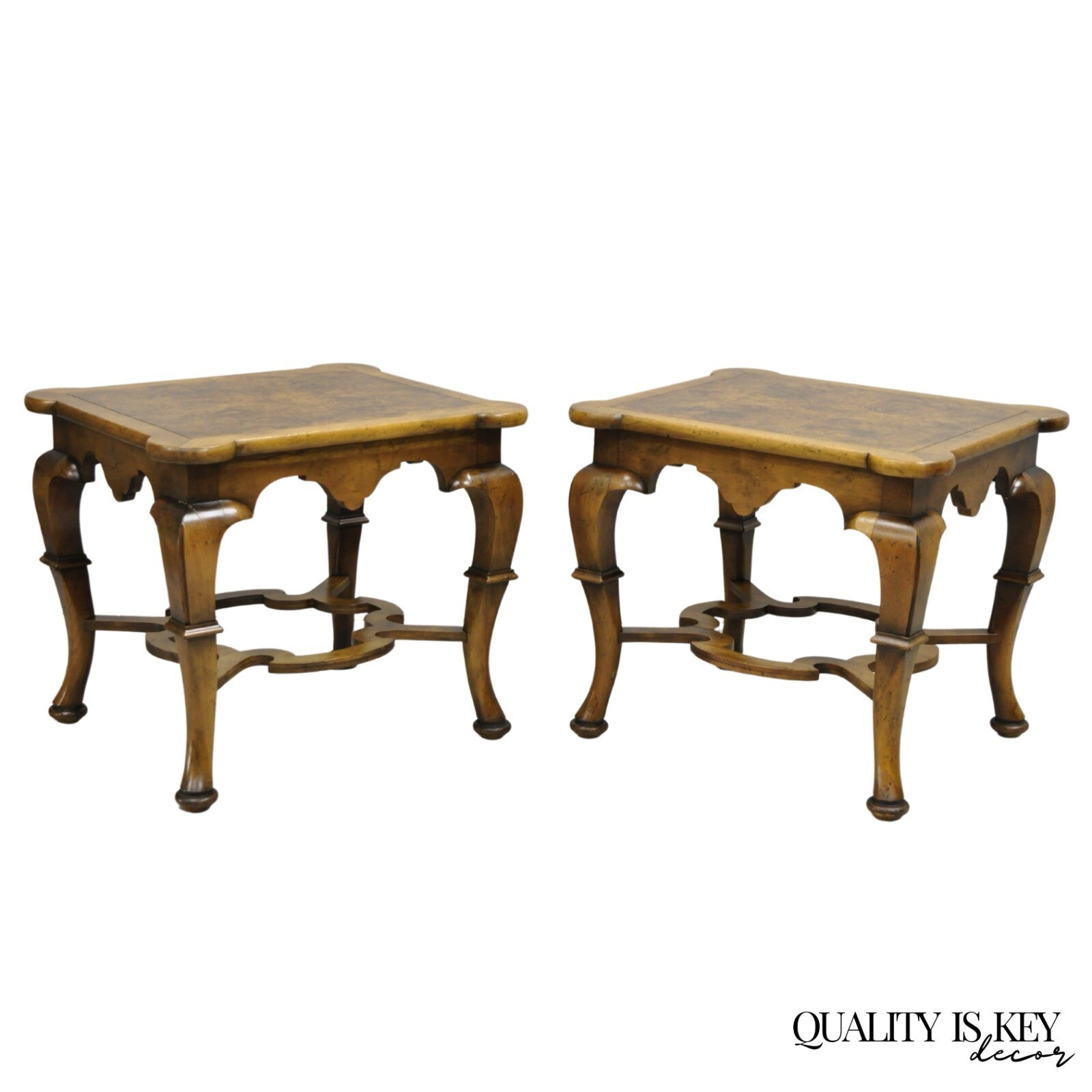 Vintage Baker Regency Style Burlwood Walnut Low Side End Tables - a Pair