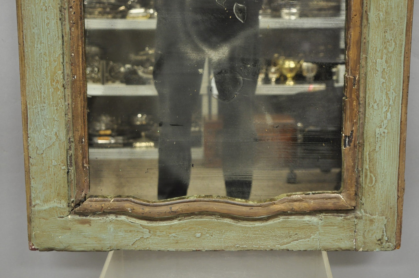 18th C French Louis XV Baroque Style Green Distress Painted Trumeau Wall Mirror