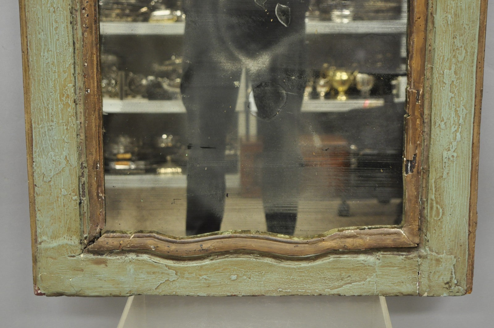 18th C French Louis XV Baroque Style Green Distress Painted Trumeau Wall Mirror