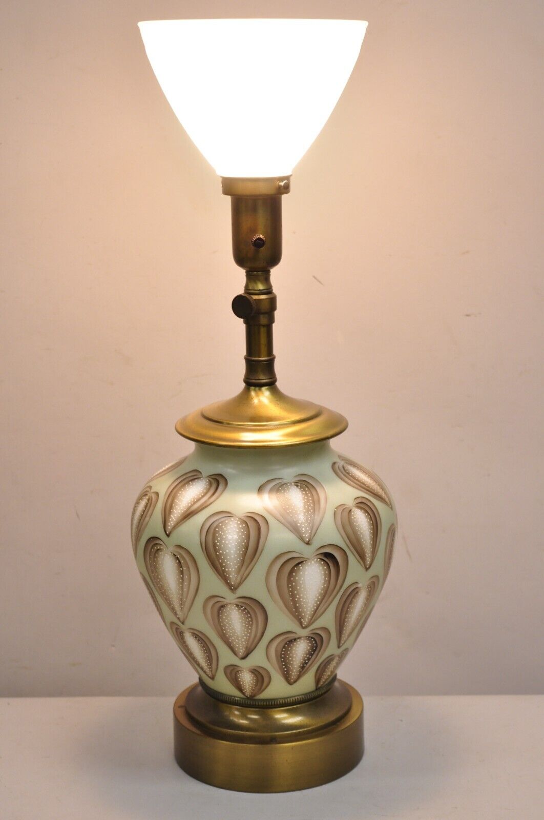 Vintage Modern Light Green Glass and Brass Painted "Strawberry" Table Lamp