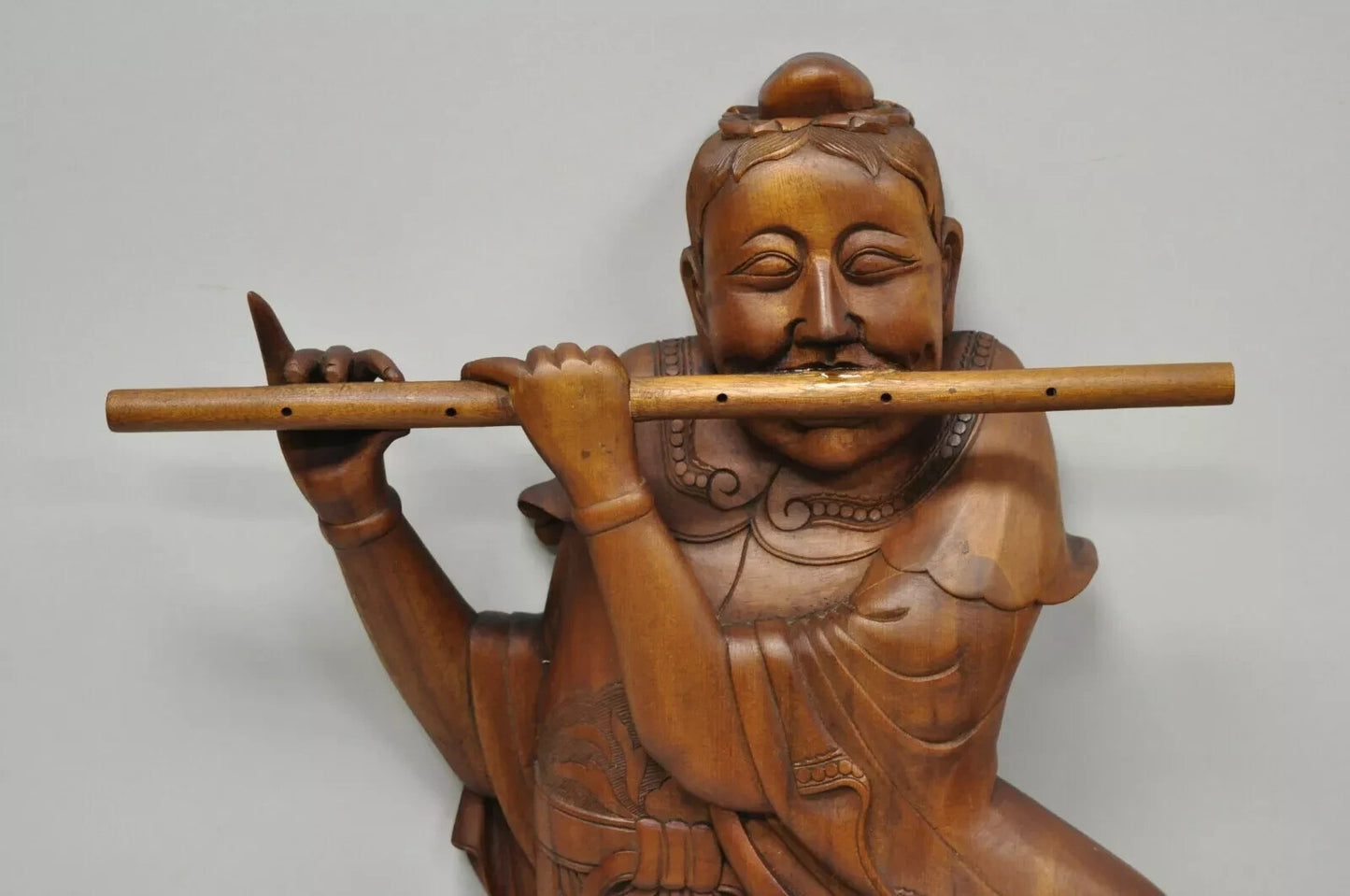 Vintage Ricardo Lynn Carved Teak Wood Oriental Figures Flute Player Wiseman Pair