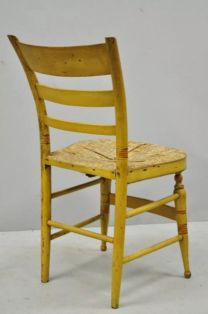 Antique Hitchcock Style Slat Back Rush Seat Yellow Paint Stencil Side Chair (A)