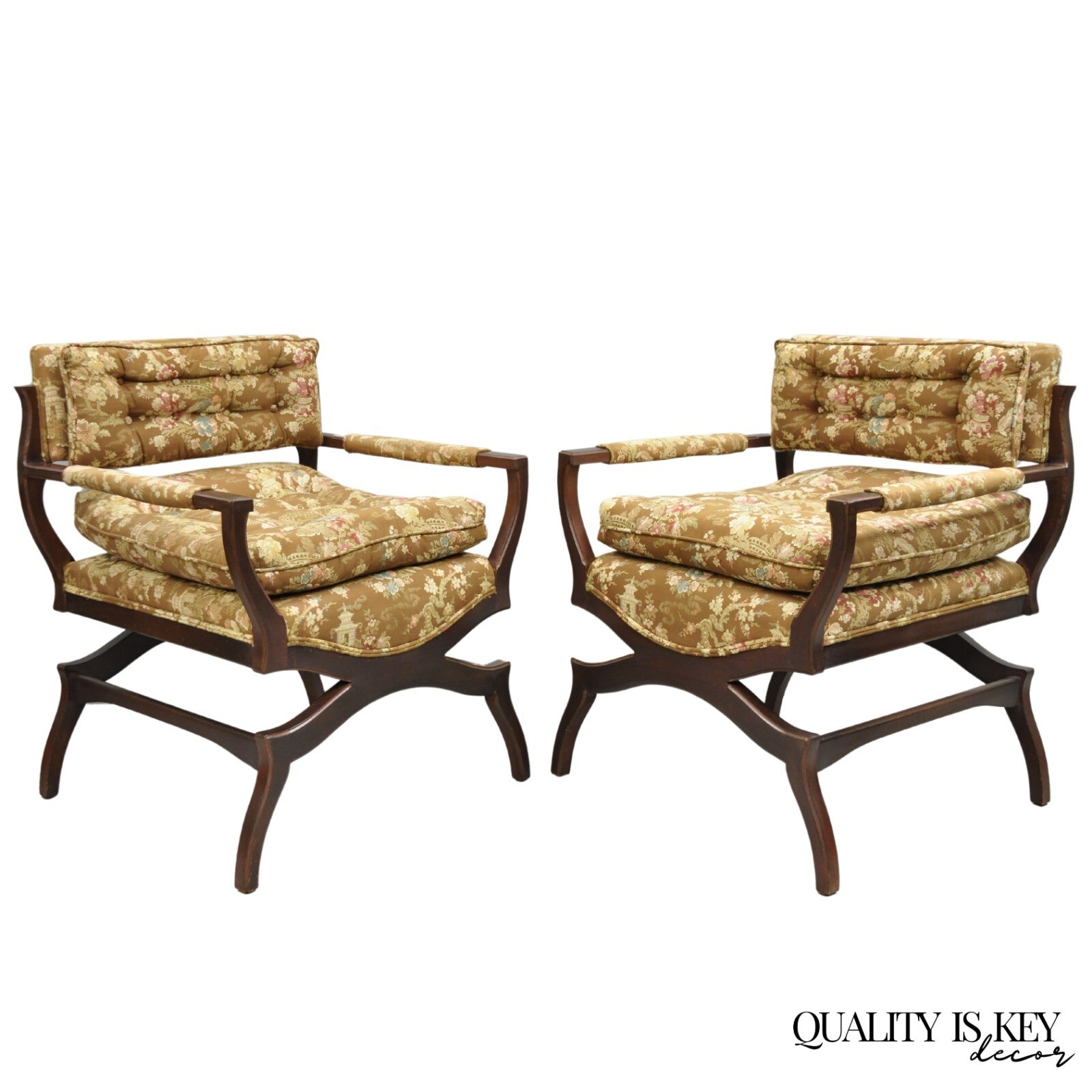 Vintage Hollywood Regency Curule Wooden X-Frame Lounge Arm Chairs - a Pair
