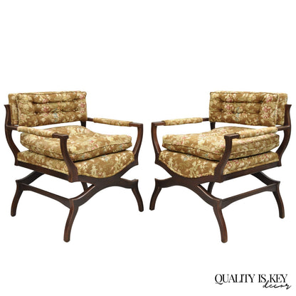 Vintage Hollywood Regency Curule Wooden X-Frame Lounge Arm Chairs - a Pair