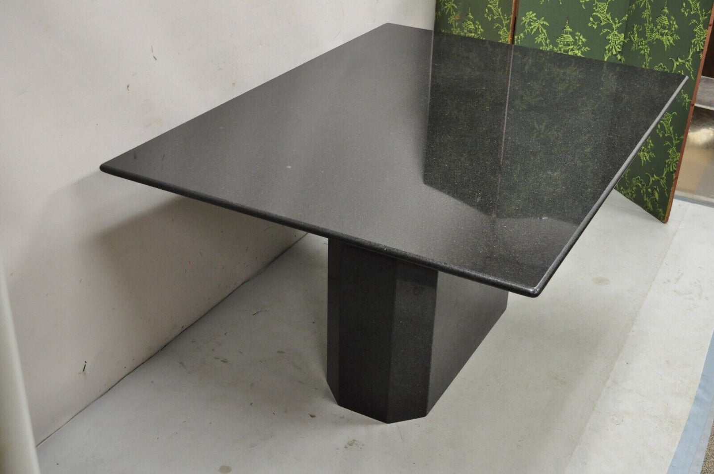 Vintage Modern Black Granite Rectangular Dining Table with Narrow Pedestal Base