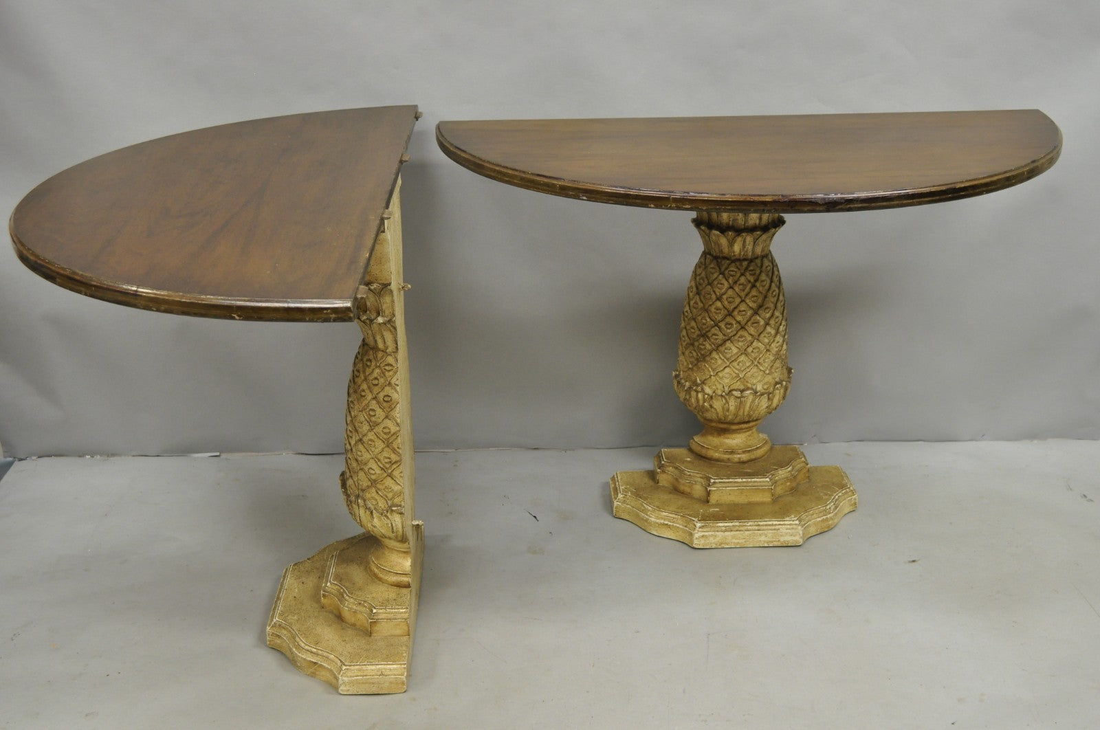 Hollywood Regency Carved Wood Pineapple Demilune Console Hall Tables - a Pair
