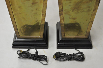 Chinoiserie Patinated Brass Square Jardiniere Table Lamp by Wildwood - a Pair