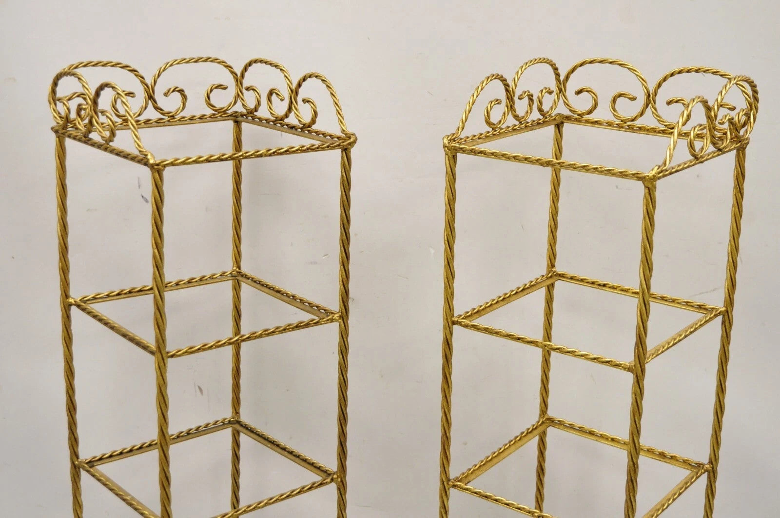 Italian Hollywood Regency Rope Tassel Gold 4 Tier Iron Etagere Shelf - a Pair