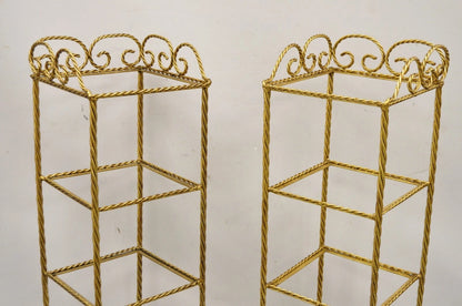 Italian Hollywood Regency Rope Tassel Gold 4 Tier Iron Etagere Shelf - a Pair