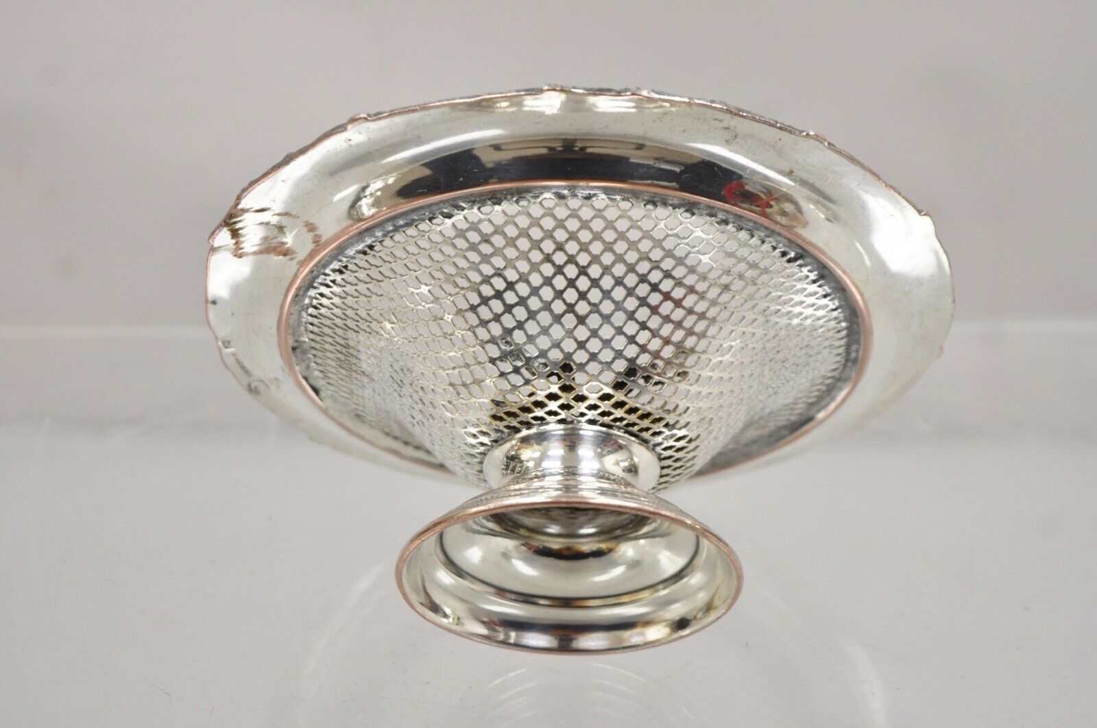English Edwardian Silver Plated Wreath Design Small Mesh Basket Candy Dish -Pair