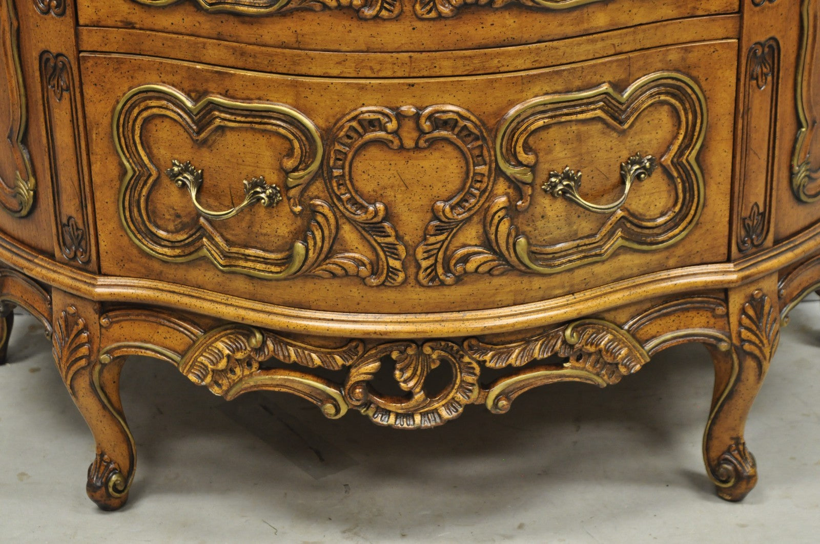 Vintage French Louis XV Style Bombe Demilune Marble Top Floral Painted Commode