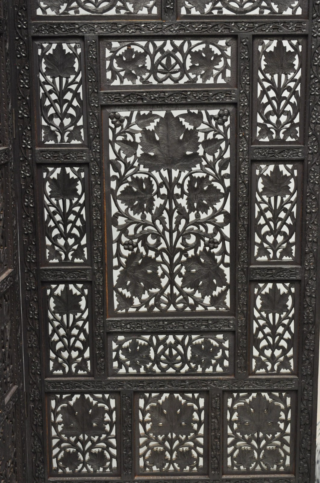 Vintage Anglo Indian Carved Teak Wood 4 Panel Room Divider Folding Screen