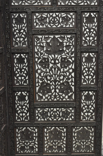 Vintage Anglo Indian Carved Teak Wood 4 Panel Room Divider Folding Screen