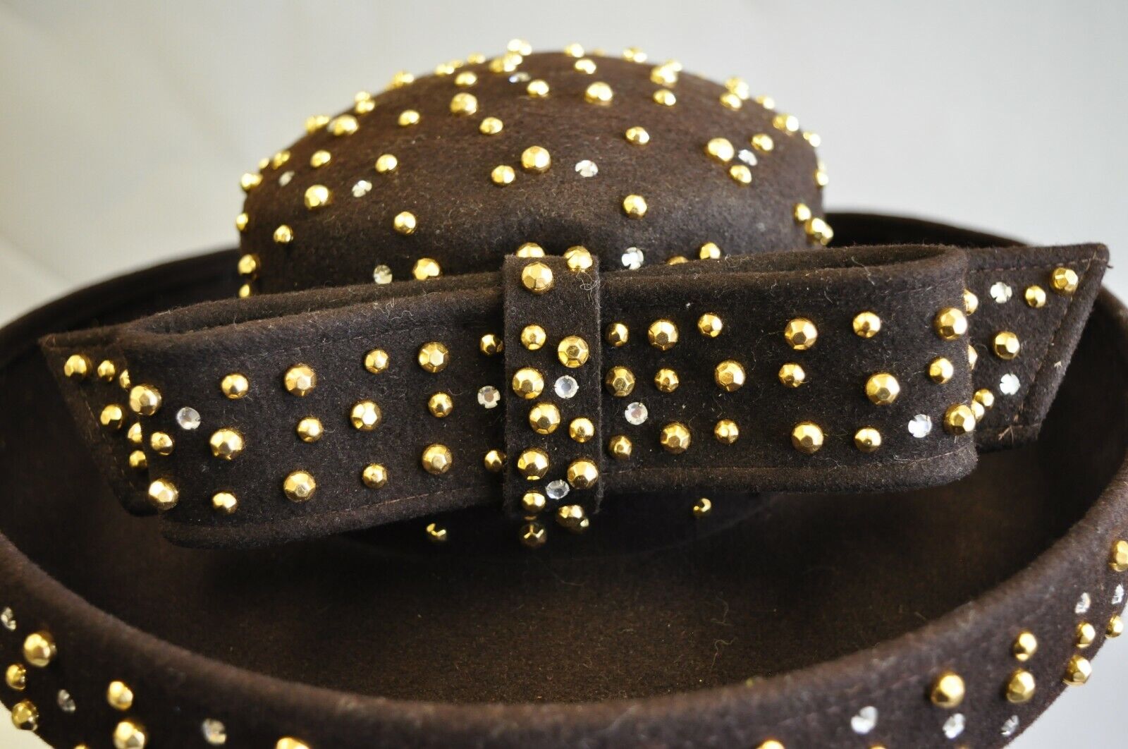 Vintage Jack McConnell Boutique Brown Wool Gold Silver Stud Wide Brim Derby Hat