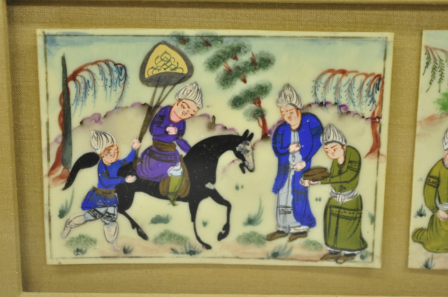 Vintage Persian Miniature Framed Hand Painted 3 Part Village Scene on Bone