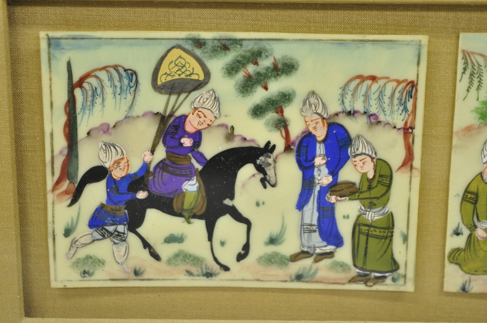 Vintage Persian Miniature Framed Hand Painted 3 Part Village Scene on Bone