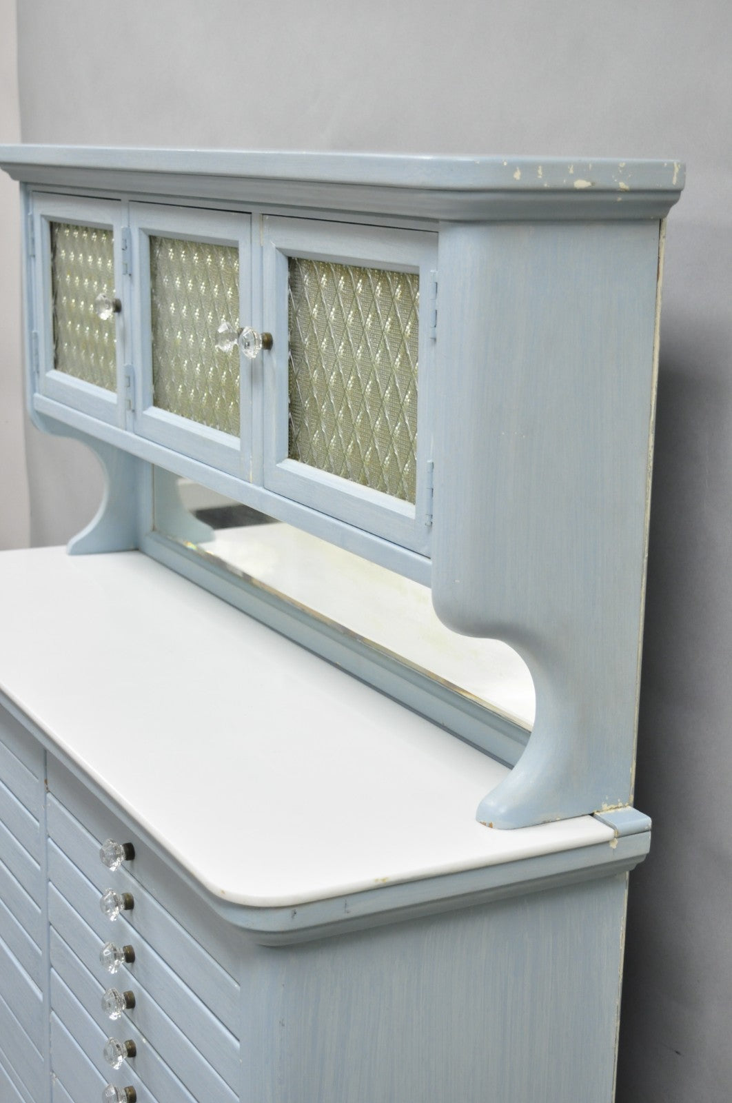 Antique Art Deco Medical Dental Cabinet Blue Painted w/Mirror and 22 Drawers