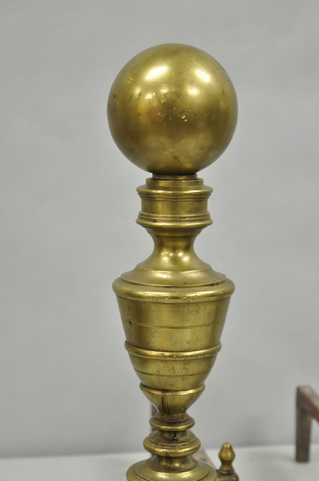 Antique English Victorian Brass Cannonball Ball and Claw Fireplace Andirons Pair