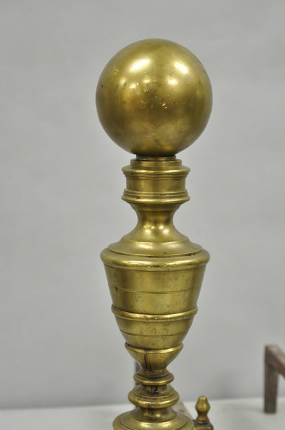 Antique English Victorian Brass Cannonball Ball and Claw Fireplace Andirons Pair
