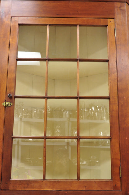 Antique Colonial Primitive Cherry Wood Glass Front Corner China Cabinet Cupboard