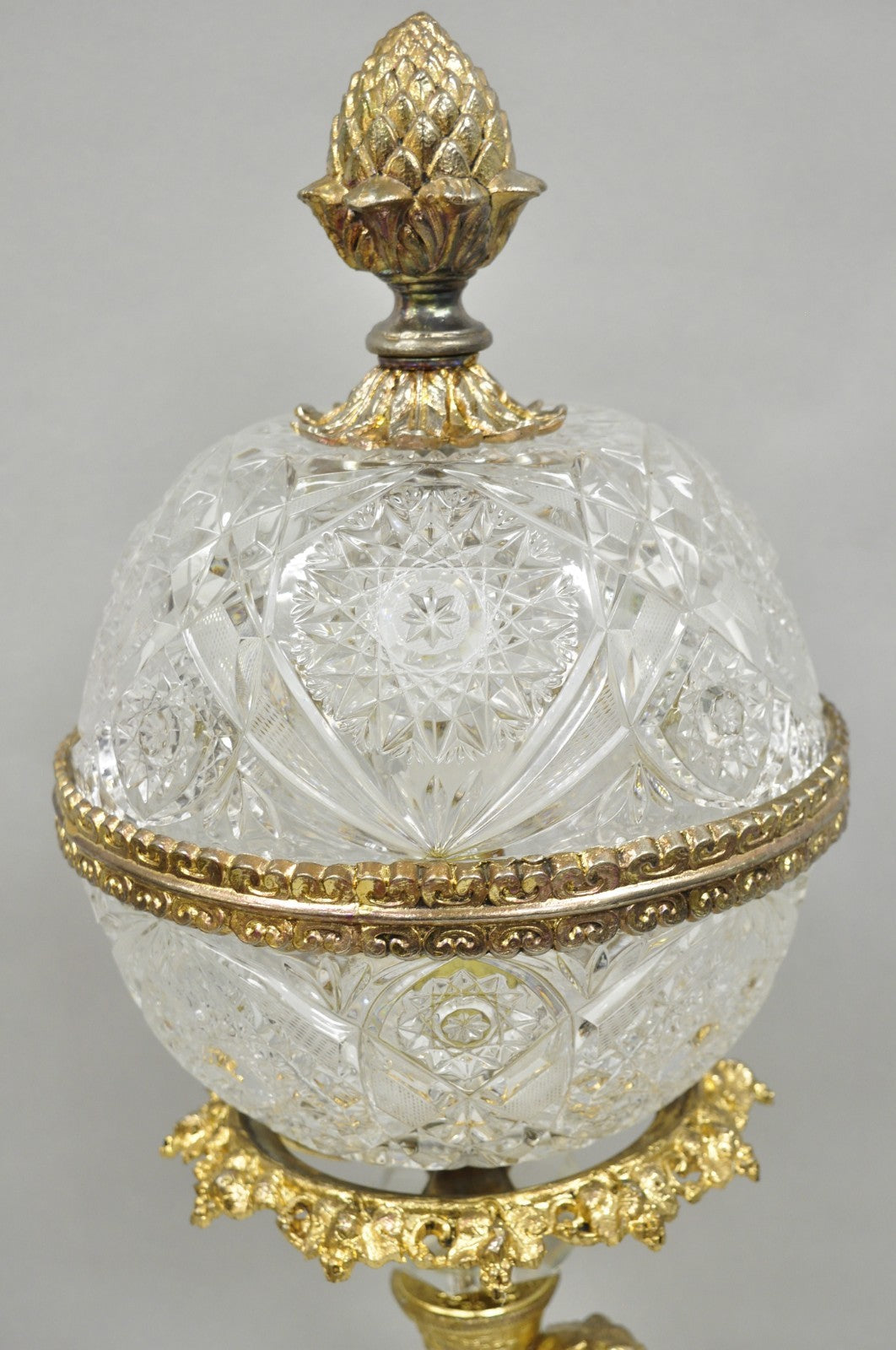 Vintage French Hollywood Regency Gold Cherub Crystal Glass Globe Table Lamp
