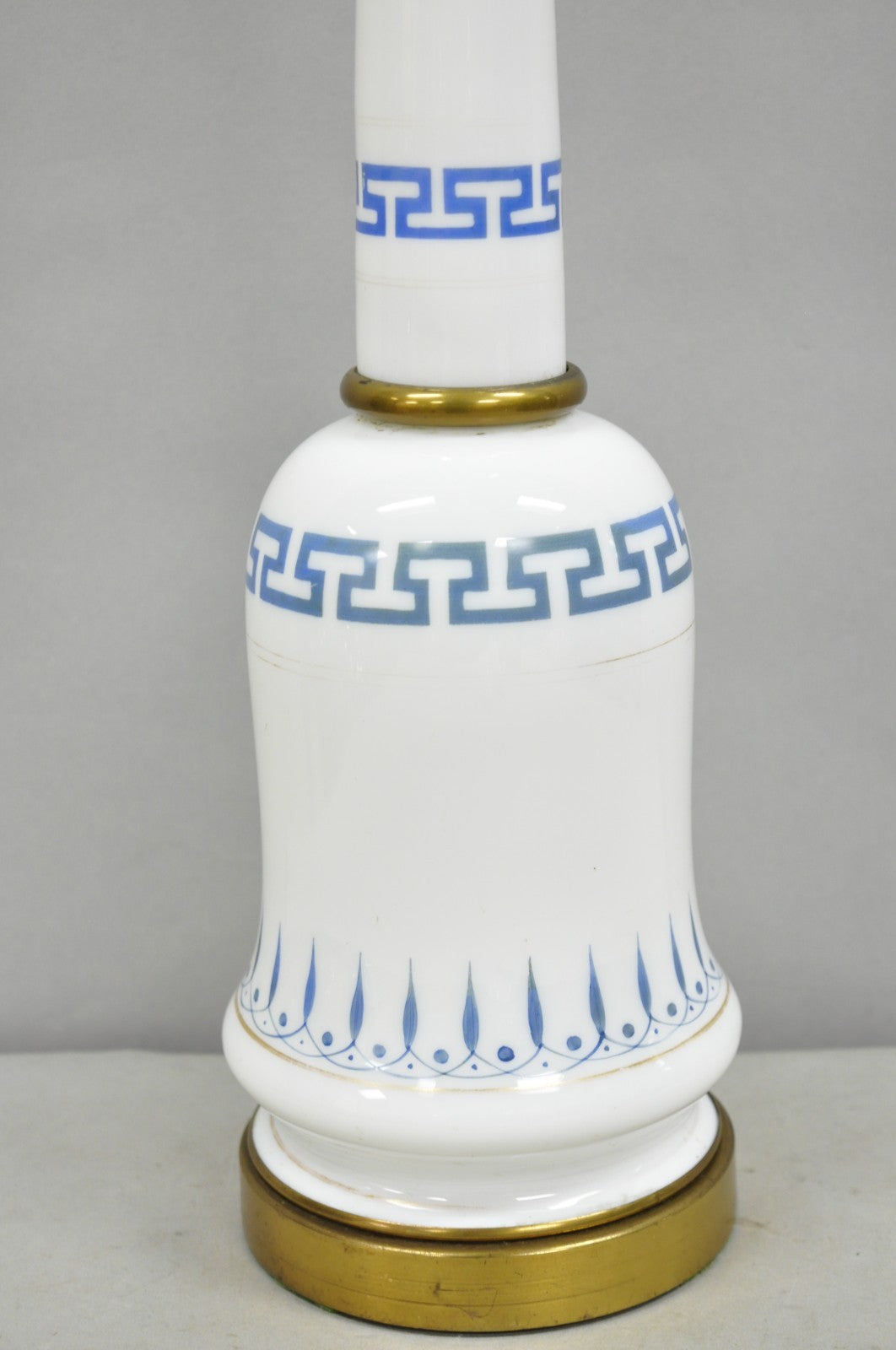 Vintage Italian Neoclassical White Milk Glass Column Blue Greek Key Table Lamp