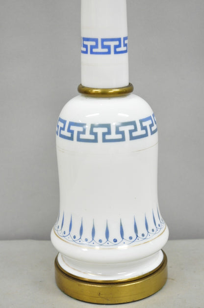Vintage Italian Neoclassical White Milk Glass Column Blue Greek Key Table Lamp