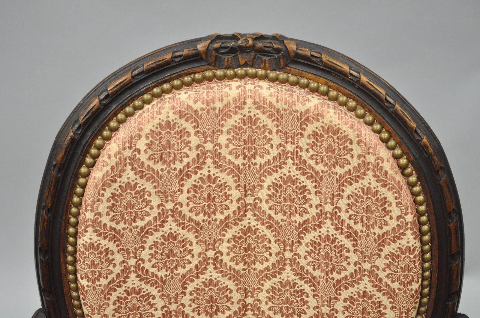 Antique French Louis XVI Style Bow Carved Walnut Fauteuil Fireside Arm Chair