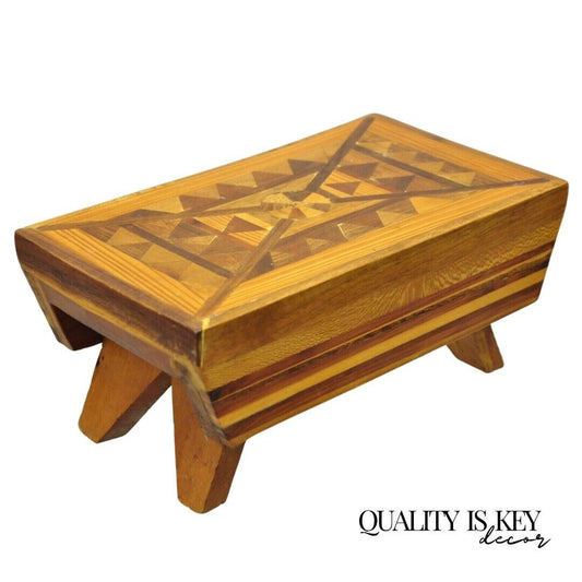 Vintage Folk Art Marquetry Inlay Small Footstool Ottoman Stool
